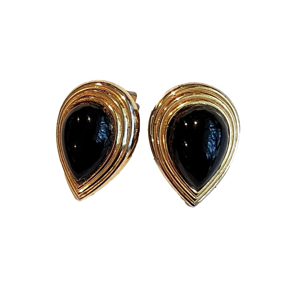 Vintage Christian Dior Black Glass And Goldtone Clip Earrings
